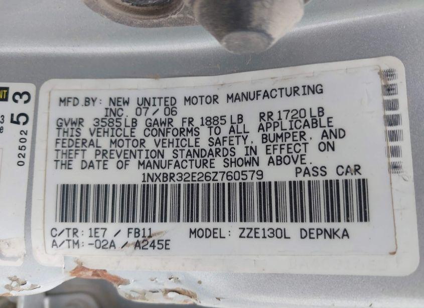 Photo 9 of 2006 Toyota Corolla LE (VIN 1NXBR32E26Z760579)