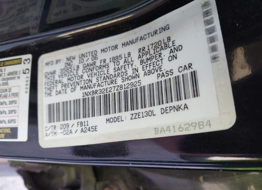 Photo 9 of 2007 Toyota Corolla LE (VIN 1NXBR32E27Z812925)