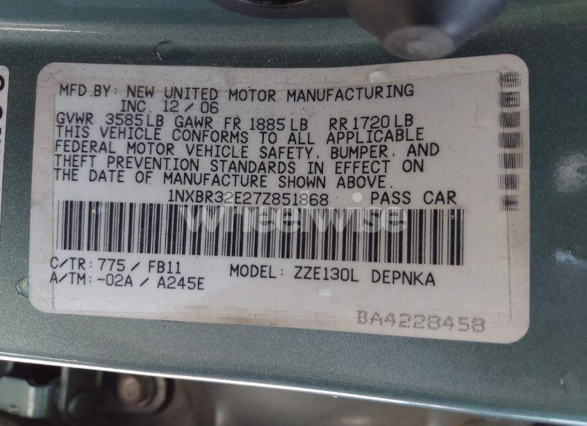 Photo 9 of 2007 Toyota Corolla LE (VIN 1NXBR32E27Z851868)