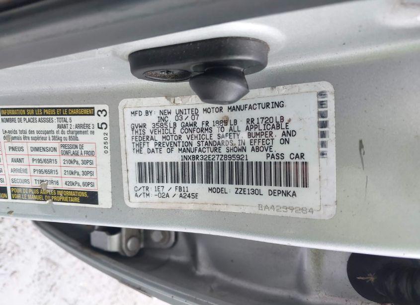 Photo 9 of 2007 Toyota Corolla LE (VIN 1NXBR32E27Z895921)