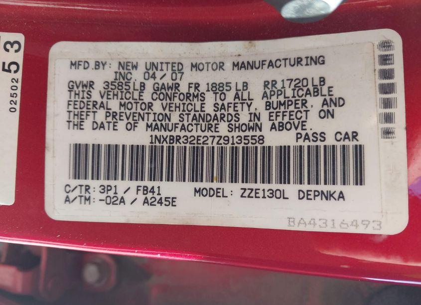 Photo 9 of 2007 Toyota Corolla LE (VIN 1NXBR32E27Z913558)