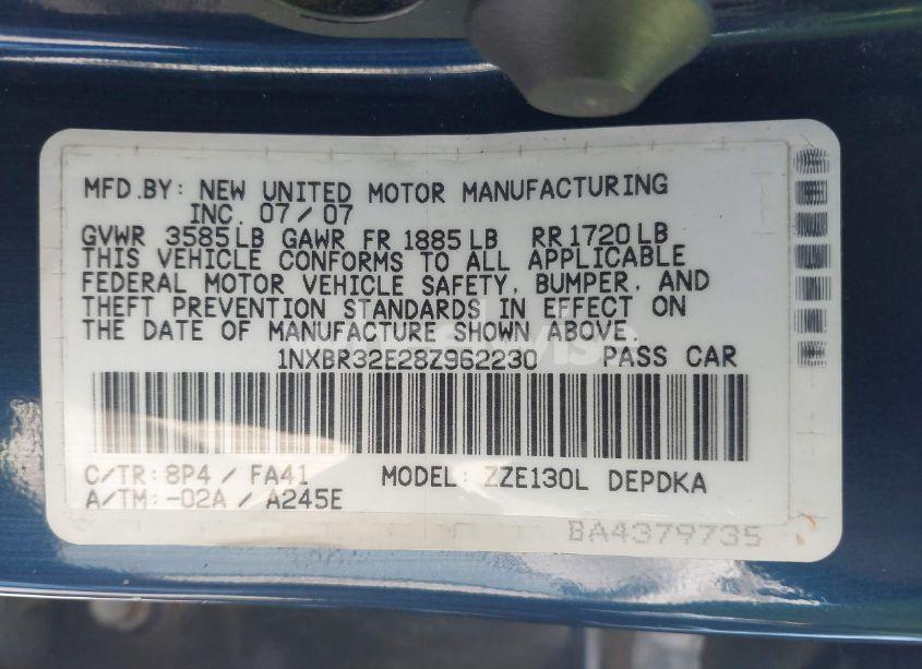 Photo 9 of 2008 Toyota Corolla CE (VIN 1NXBR32E28Z962230)