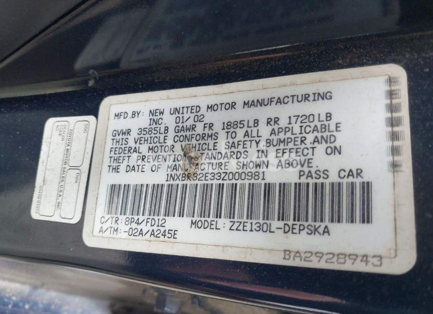 Photo 9 of 2003 Toyota Corolla S (VIN 1NXBR32E33Z000981)