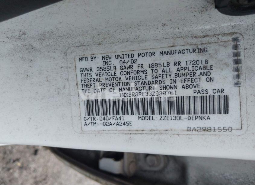 Photo 9 of 2003 Toyota Corolla LE (VIN 1NXBR32E33Z038761)