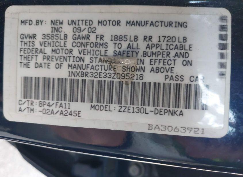 Photo 9 of 2003 Toyota Corolla LE (VIN 1NXBR32E33Z095218)