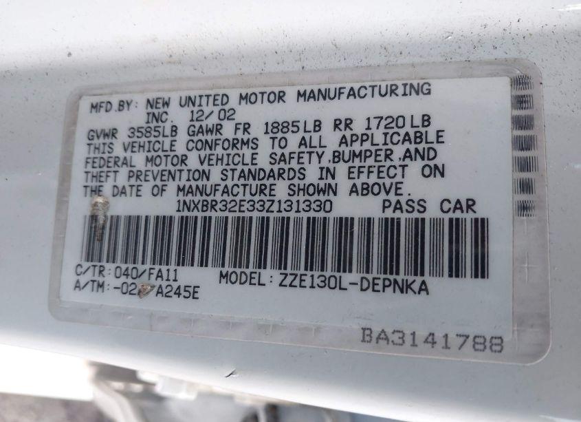 Photo 9 of 2003 Toyota Corolla LE (VIN 1NXBR32E33Z131330)