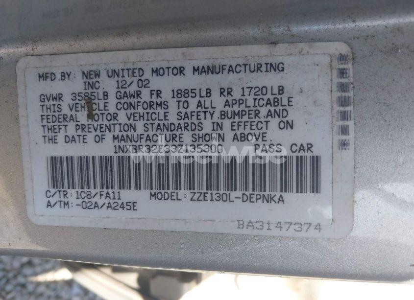 Photo 9 of 2003 Toyota Corolla LE (VIN 1NXBR32E33Z135300)