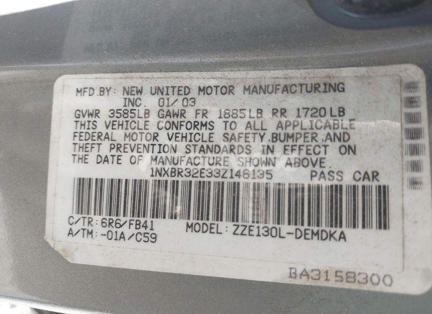 Photo 9 of 2003 Toyota Corolla CE (VIN 1NXBR32E33Z146135)