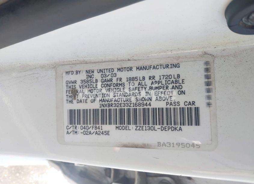 Photo 9 of 2003 Toyota Corolla CE (VIN 1NXBR32E33Z168944)