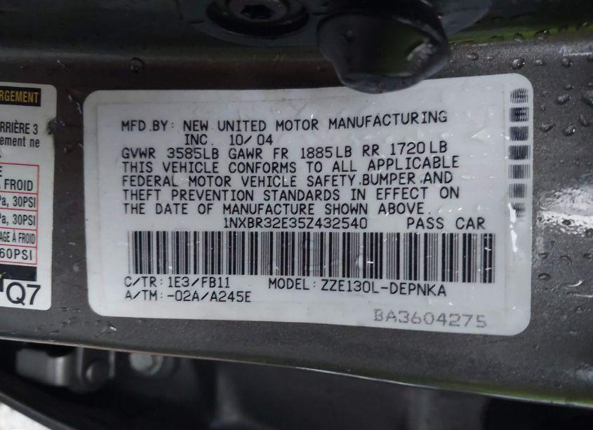 Photo 9 of 2005 Toyota Corolla LE (VIN 1NXBR32E35Z432540)