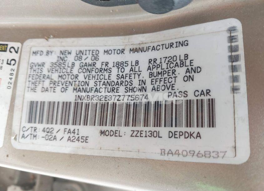 Photo 9 of 2007 Toyota Corolla CE (VIN 1NXBR32E37Z775674)