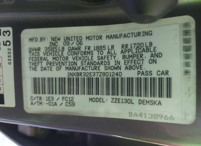 Photo 9 of 2007 Toyota Corolla S (VIN 1NXBR32E37Z801240)