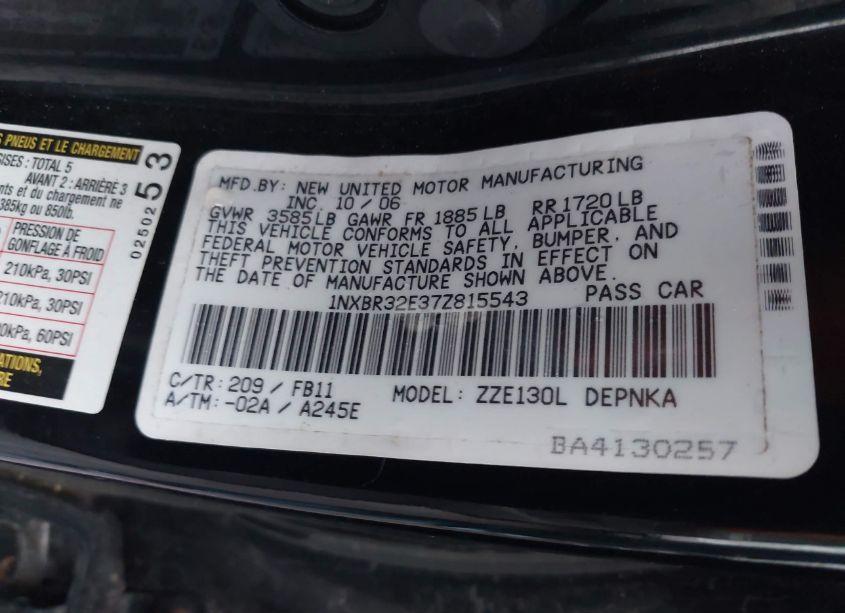 Photo 9 of 2007 Toyota Corolla LE (VIN 1NXBR32E37Z815543)