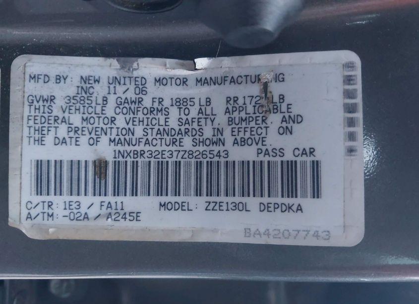 Photo 9 of 2007 Toyota Corolla CE (VIN 1NXBR32E37Z826543)