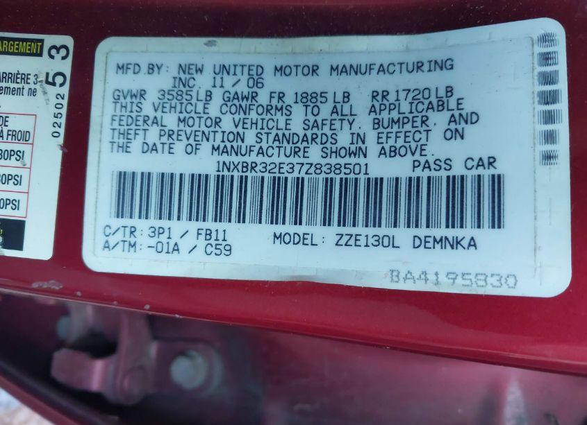 Photo 9 of 2007 Toyota Corolla CE/LE/S (VIN 1NXBR32E37Z838501)