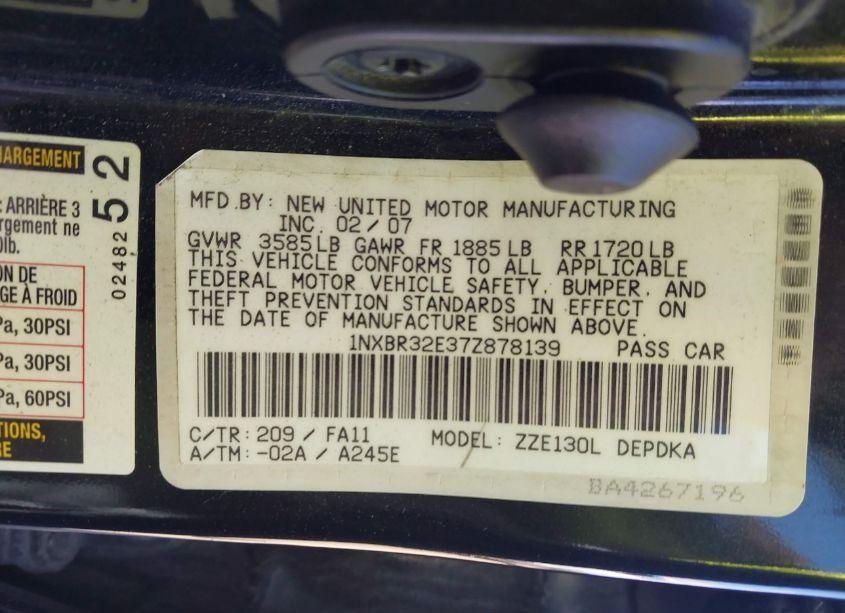 Photo 9 of 2007 Toyota Corolla CE (VIN 1NXBR32E37Z878139)