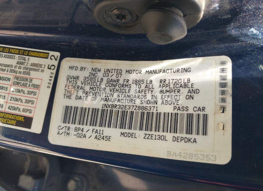 Photo 9 of 2007 Toyota Corolla CE (VIN 1NXBR32E37Z886371)