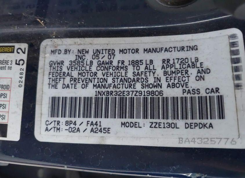 Photo 9 of 2007 Toyota Corolla CE (VIN 1NXBR32E37Z919806)