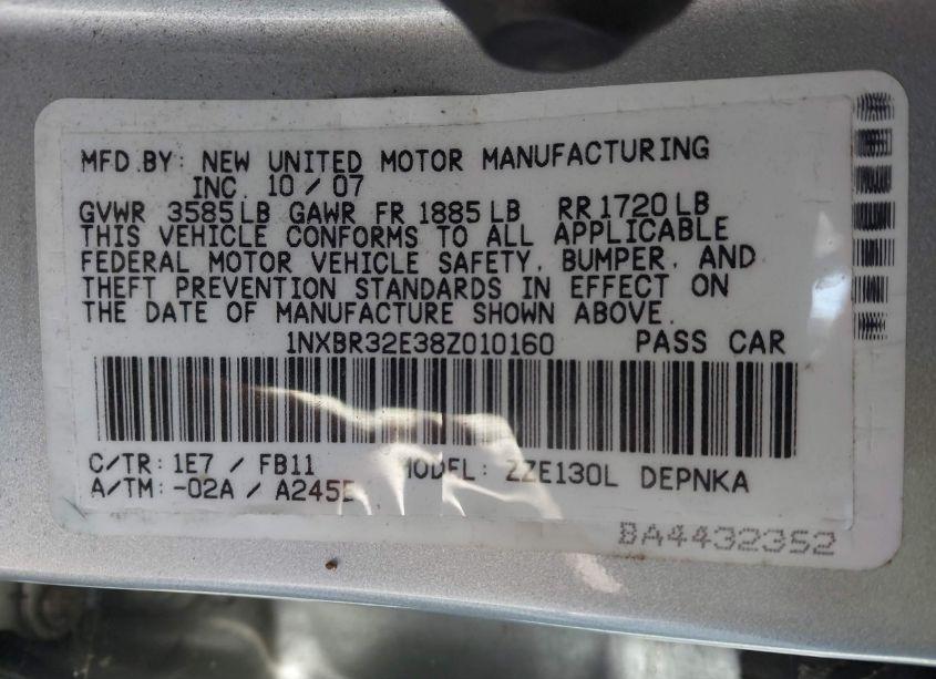 Photo 9 of 2008 Toyota Corolla LE (VIN 1NXBR32E38Z010160)