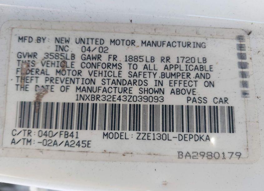 Photo 9 of 2003 Toyota Corolla CE (VIN 1NXBR32E43Z039093)