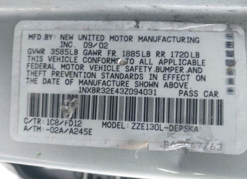 Photo 9 of 2003 Toyota Corolla CE/LE/S (VIN 1NXBR32E43Z094031)