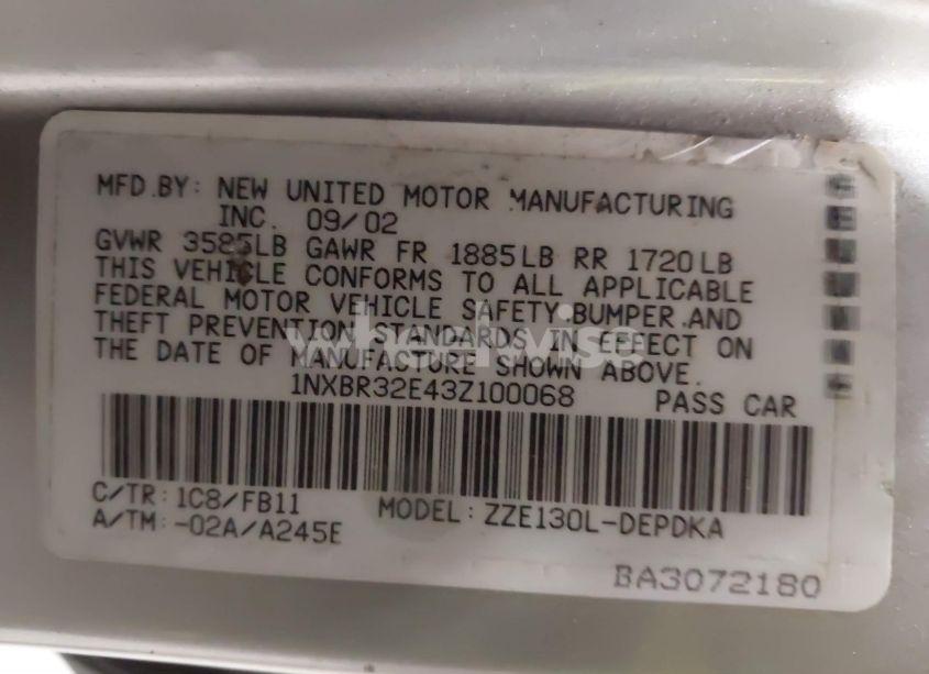 Photo 9 of 2003 Toyota Corolla CE (VIN 1NXBR32E43Z100068)