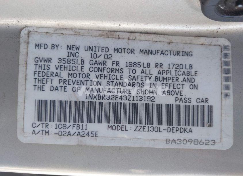 Photo 9 of 2003 Toyota Corolla CE (VIN 1NXBR32E43Z113192)