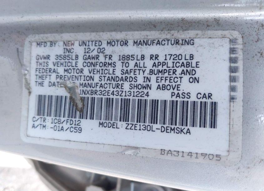 Photo 9 of 2003 Toyota Corolla S (VIN 1NXBR32E43Z131224)