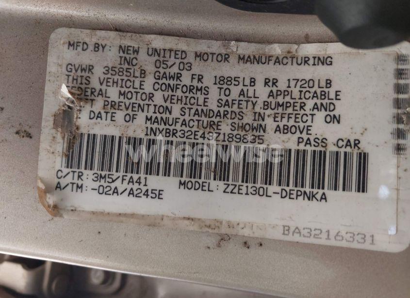 Photo 9 of 2003 Toyota Corolla LE (VIN 1NXBR32E43Z189835)