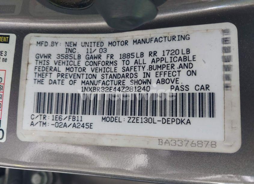 Photo 9 of 2004 Toyota Corolla CE (VIN 1NXBR32E44Z281240)