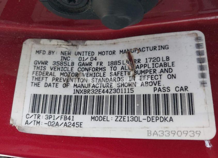 Photo 9 of 2004 Toyota Corolla CE (VIN 1NXBR32E44Z301115)