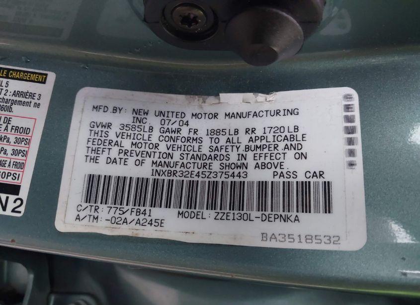 Photo 9 of 2005 Toyota Corolla LE (VIN 1NXBR32E45Z375443)