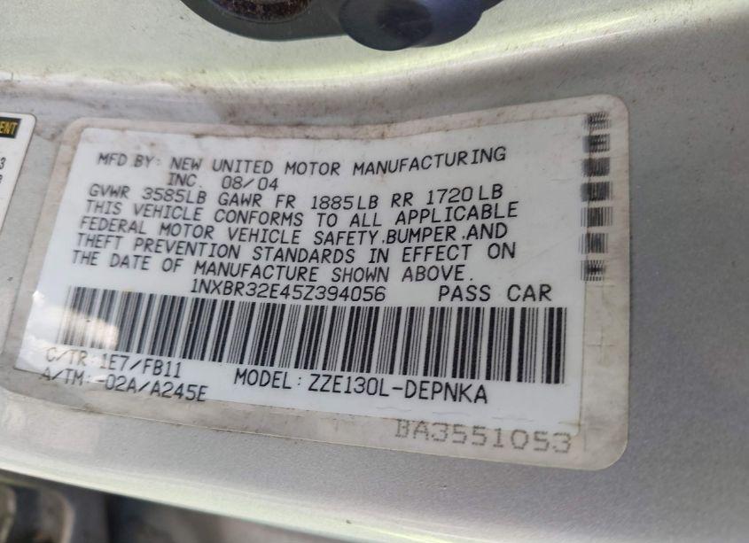 Photo 9 of 2005 Toyota Corolla LE (VIN 1NXBR32E45Z394056)