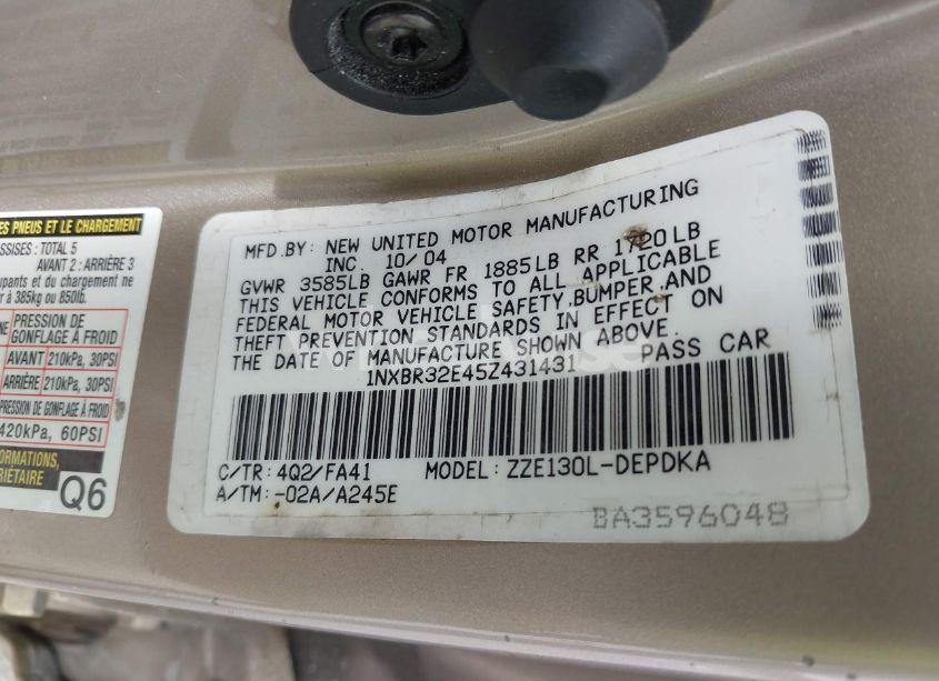 Photo 9 of 2005 Toyota Corolla CE (VIN 1NXBR32E45Z431431)