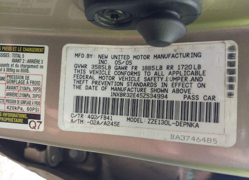 Photo 9 of 2005 Toyota Corolla LE (VIN 1NXBR32E45Z534994)