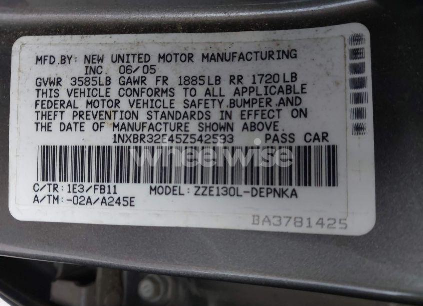 Photo 9 of 2005 Toyota Corolla LE (VIN 1NXBR32E45Z542593)