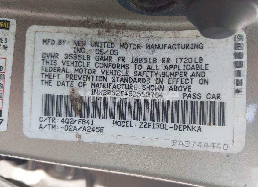 Photo 9 of 2005 Toyota Corolla LE (VIN 1NXBR32E45Z552704)