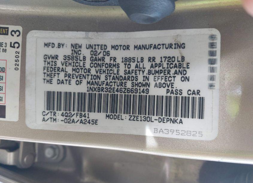 Photo 9 of 2006 Toyota Corolla LE (VIN 1NXBR32E46Z669149)