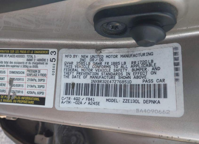 Photo 9 of 2007 Toyota Corolla LE (VIN 1NXBR32E47Z768510)