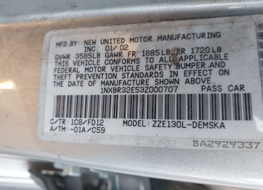 Photo 9 of 2003 Toyota Corolla S (VIN 1NXBR32E53Z000707)