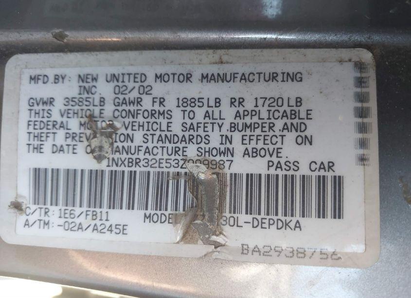 Photo 9 of 2003 Toyota Corolla CE (VIN 1NXBR32E53Z009987)