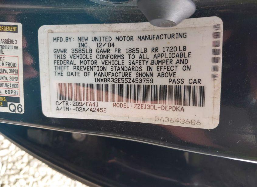 Photo 9 of 2005 Toyota Corolla CE (VIN 1NXBR32E55Z453759)