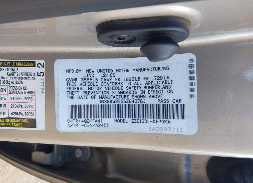 Photo 9 of 2006 Toyota Corolla CE (VIN 1NXBR32E56Z640761)