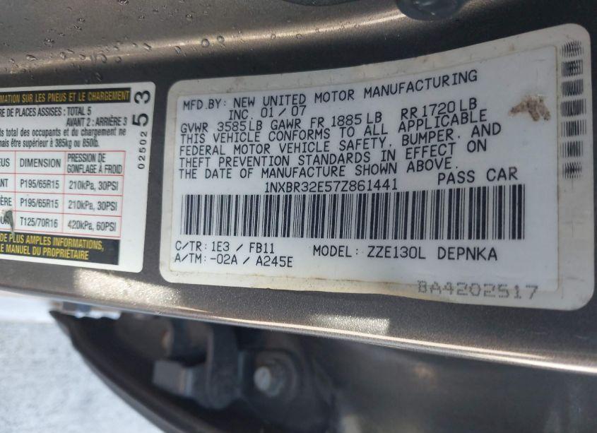 Photo 9 of 2007 Toyota Corolla LE (VIN 1NXBR32E57Z861441)