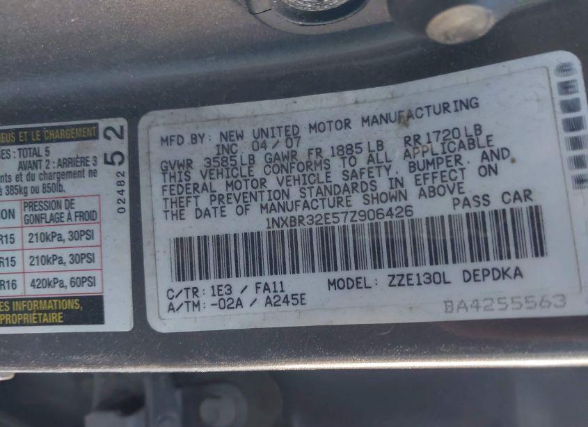 Photo 9 of 2007 Toyota Corolla CE (VIN 1NXBR32E57Z906426)