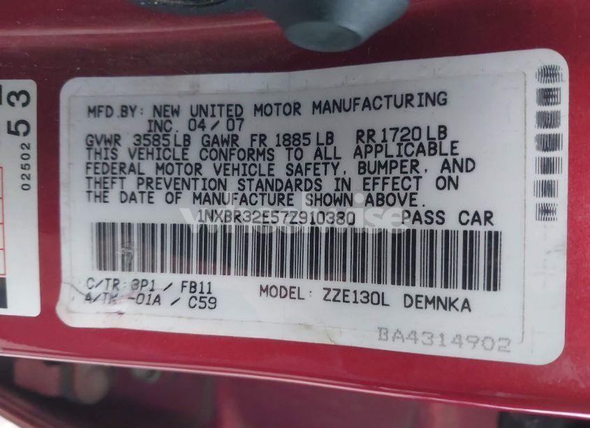 Photo 9 of 2007 Toyota Corolla LE (VIN 1NXBR32E57Z910380)