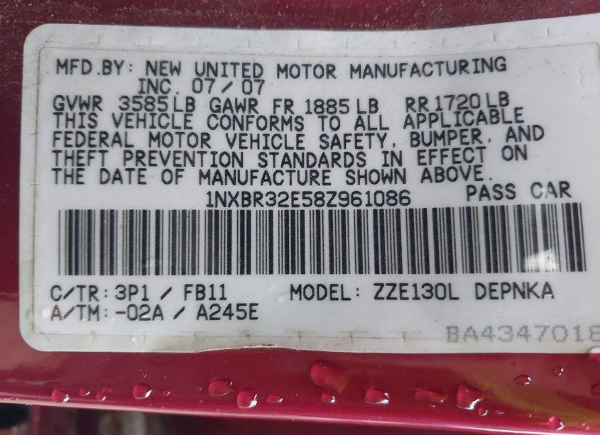 Photo 9 of 2008 Toyota Corolla LE (VIN 1NXBR32E58Z961086)