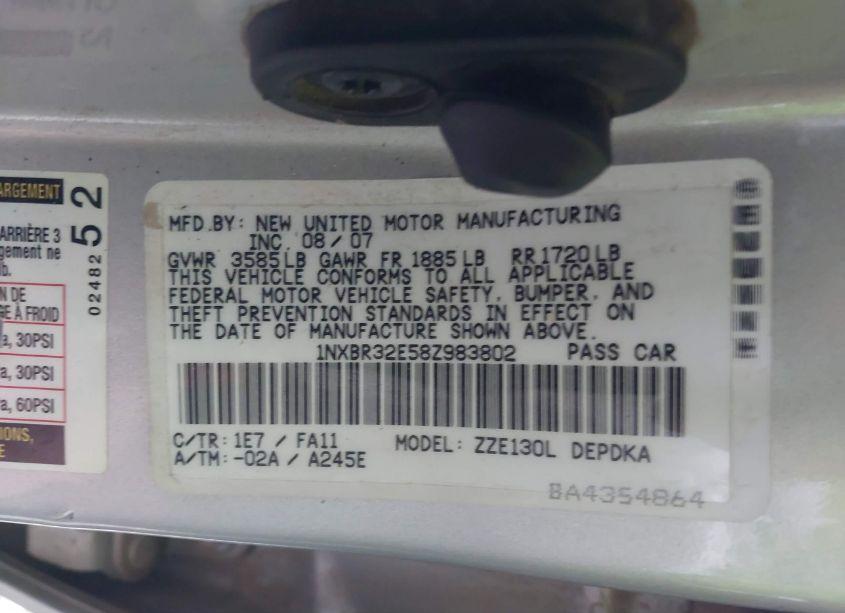 Photo 9 of 2008 Toyota Corolla CE (VIN 1NXBR32E58Z983802)