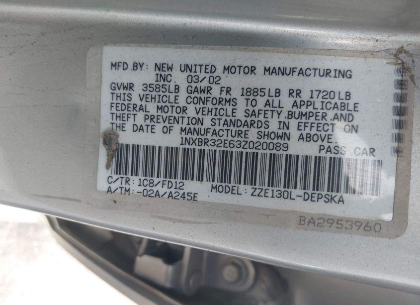 Photo 9 of 2003 Toyota Corolla S (VIN 1NXBR32E63Z020089)