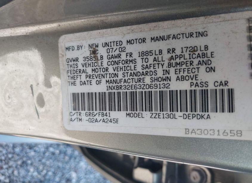 Photo 9 of 2003 Toyota Corolla CE (VIN 1NXBR32E63Z069132)